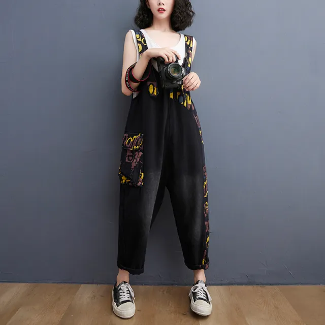 Women's Fashion Alphabet Print Large Size Denim Overalls Black - Shop at LoveMi