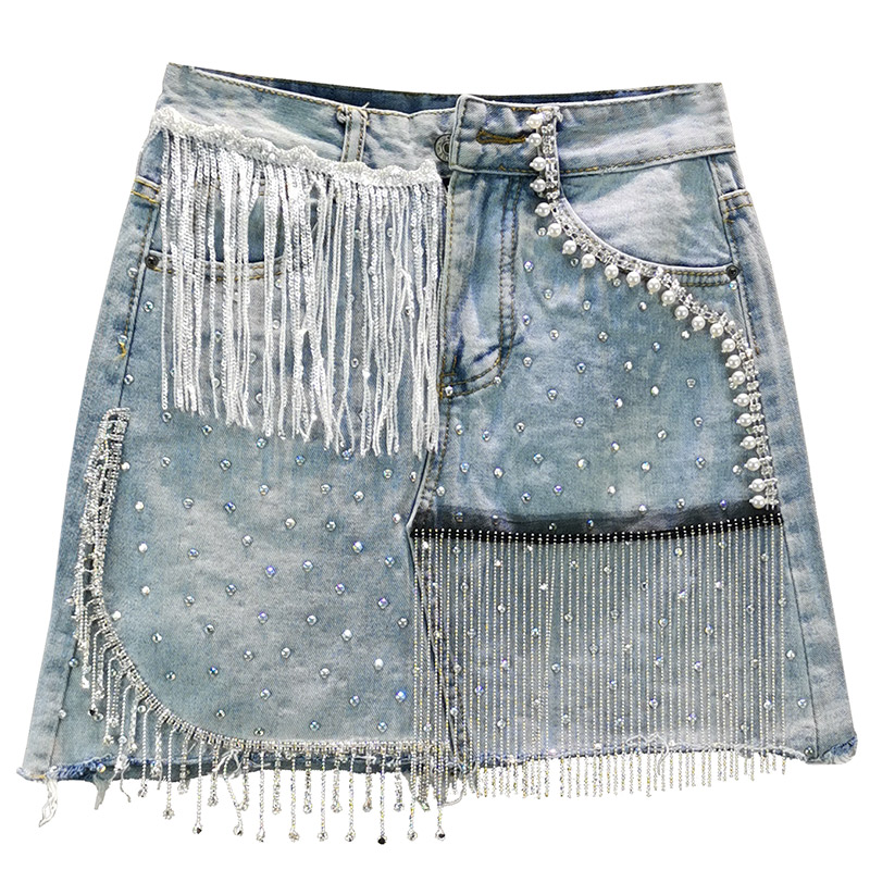 Title 3, Saia A-line de cintura alta jeans com strass, f...