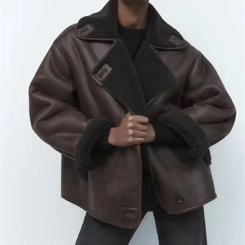 Faux Leather Double-sided Jacket Locomotive Long Breasted Coat