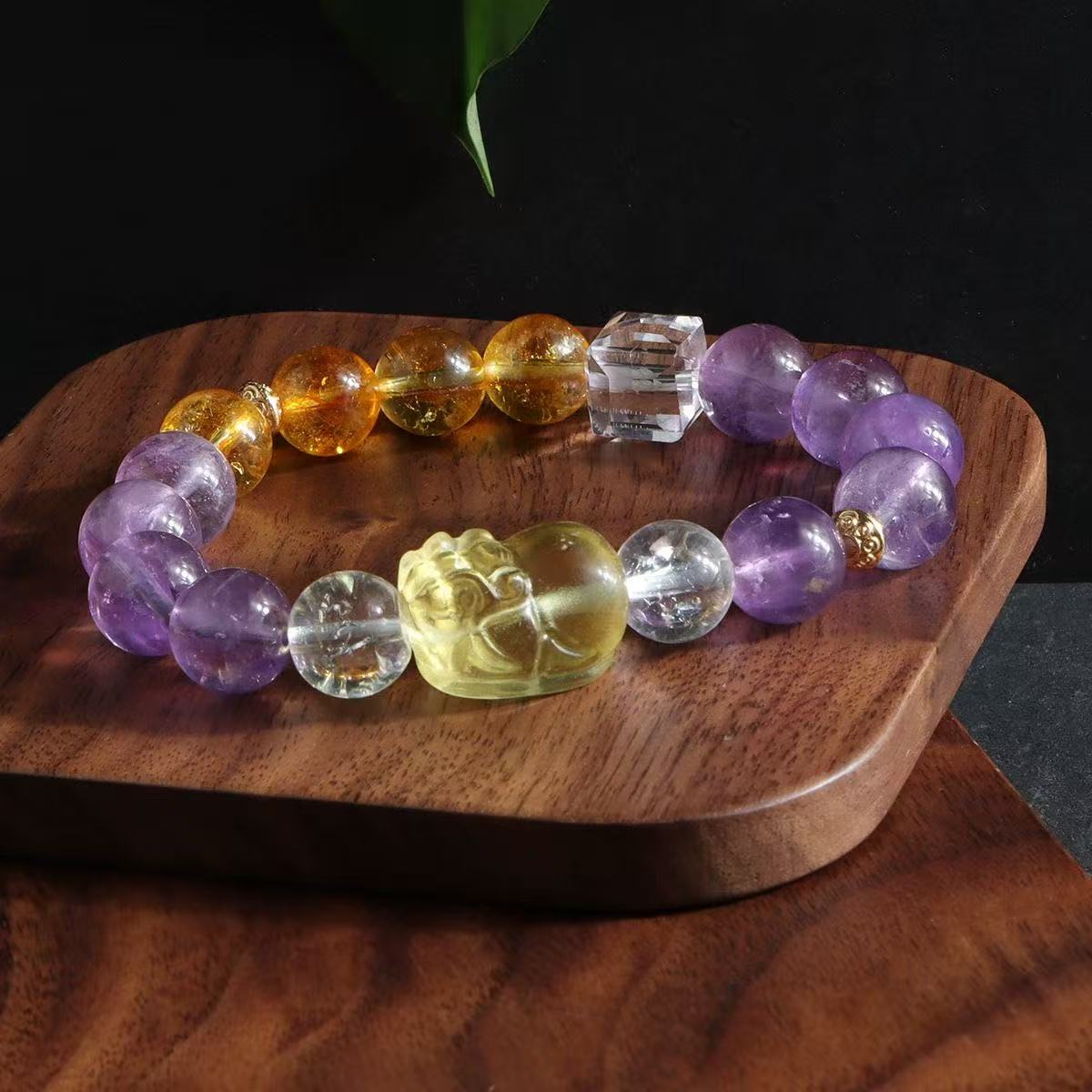 Natural Amethyst  Citrine Bracelet Golden Rutilated Quartz Pixiu Two Tone Beaded Chain Wealth Energy Jewelry For Women