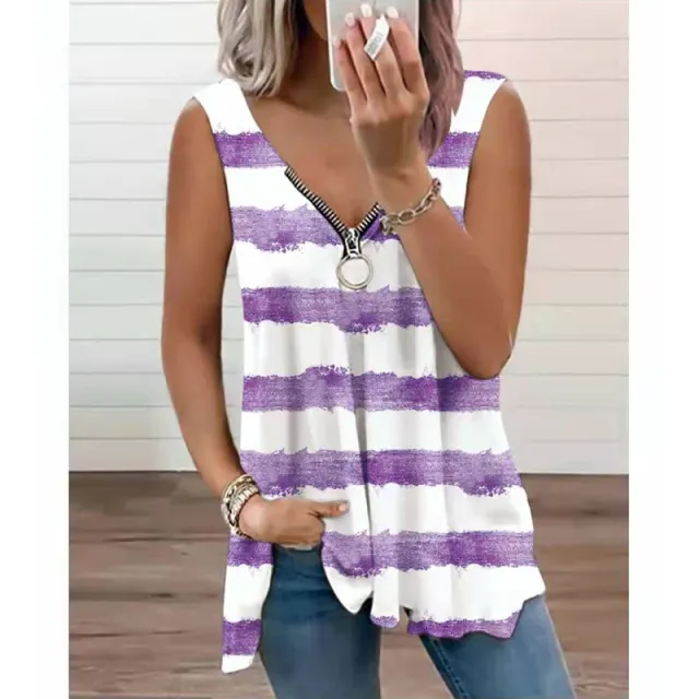 Striped Zip Top Sleeveless Vest T shirt Purple - Shop at LoveMi