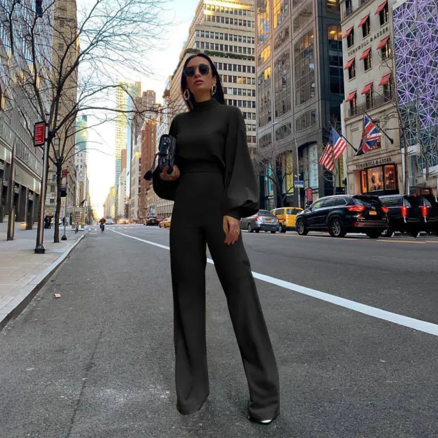 Women's Casual Pants Solid Color Turtleneck Backless Long Sleeve Jumpsuit Black - Shop at LoveMi