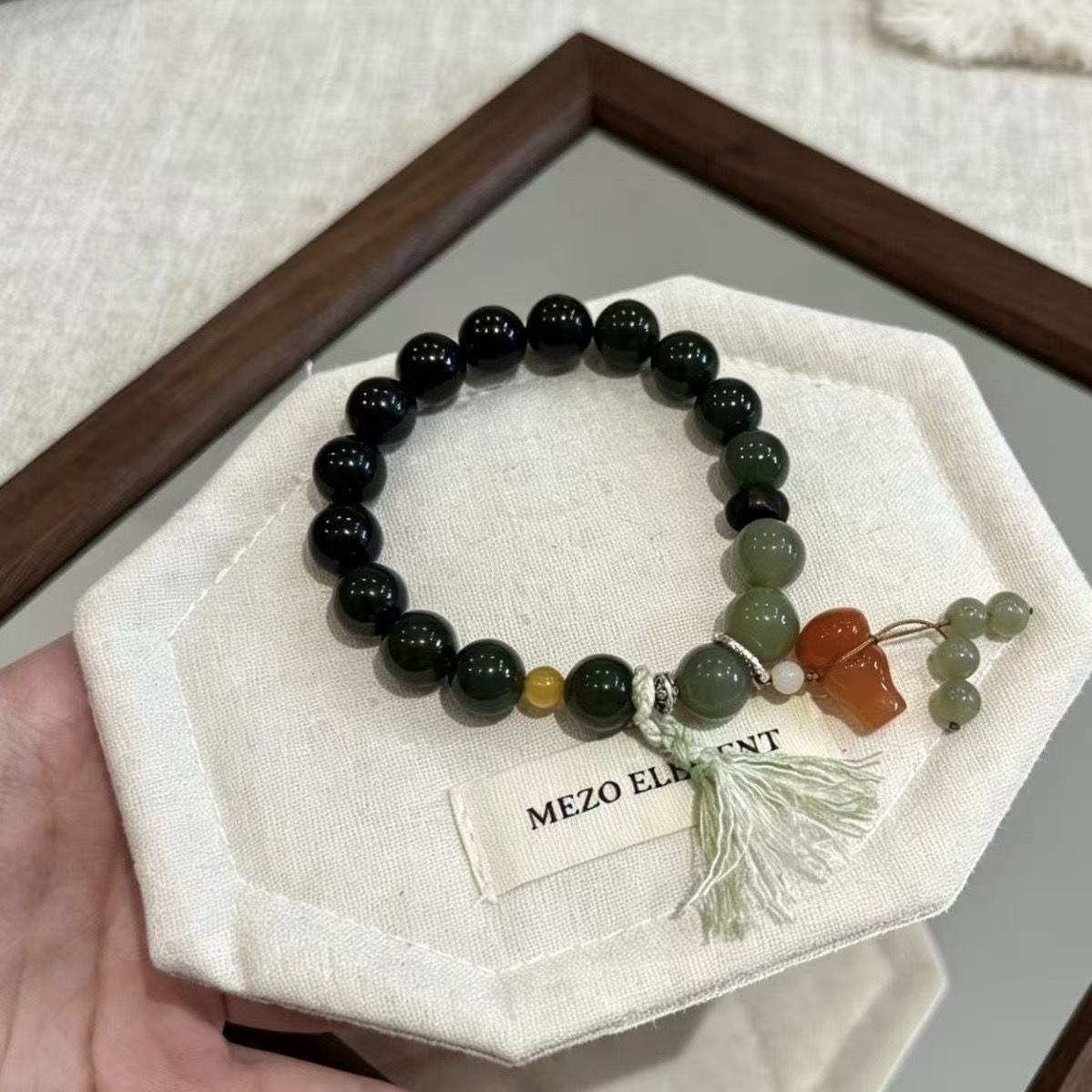 Brățară cu mărgele rotunde, unisex, din jad natural, din chihlimbar, cu ciucuri, bijuterii tradiționale Zen