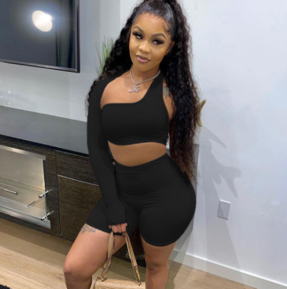 Cutout Sports Long Sleeve Shorts Two Piece Set Black - Shop at LoveMi