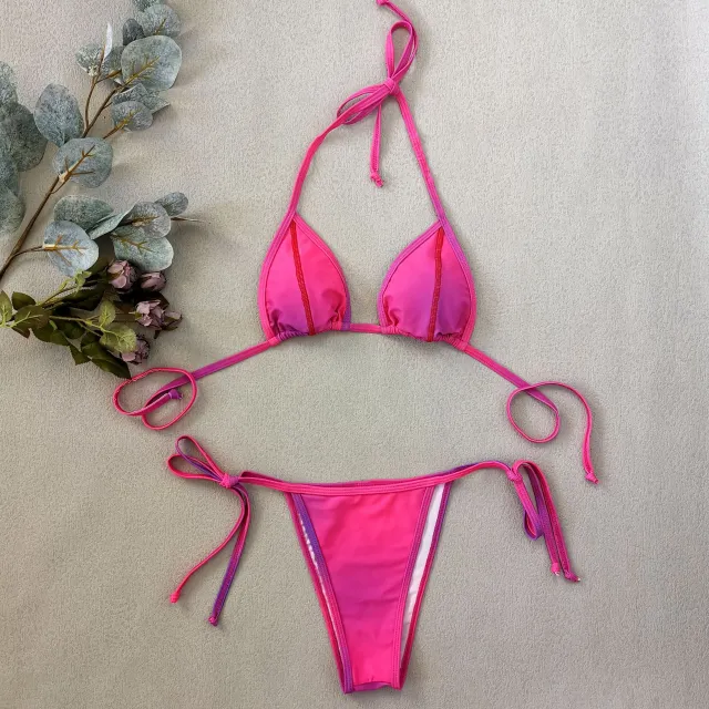 Topstitched Color Smudge Split Gradient Strap Swimsuit Pink - Shop at LoveMi