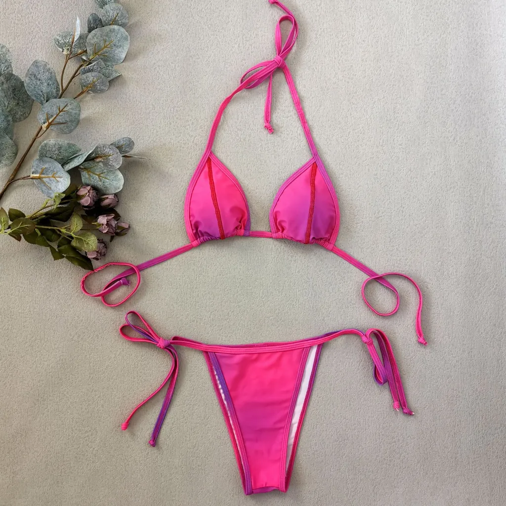 Topstitched Color Smudge Split Gradient Strap Swimsuit - Pink