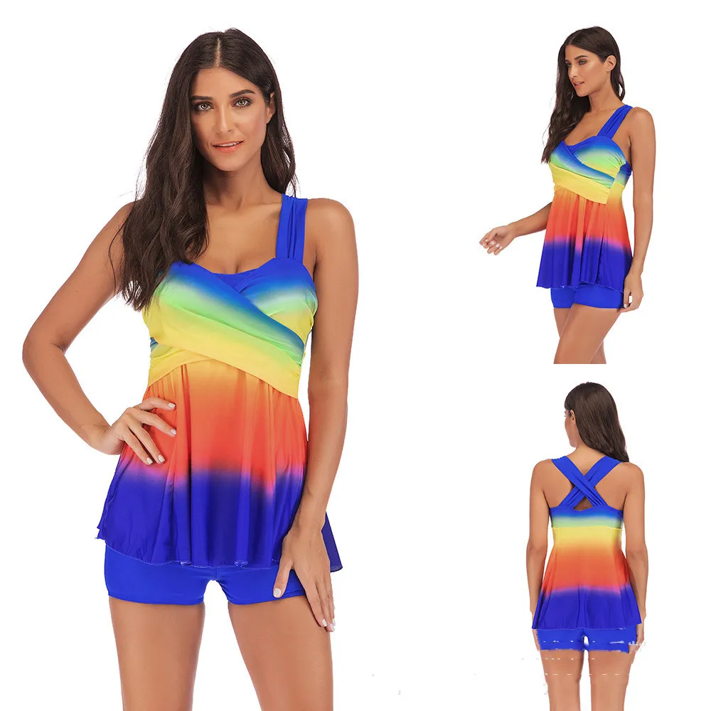 European And American Plus Size Skirt Swimsuit Gradient Colour Rainbow Printing - Rainbow