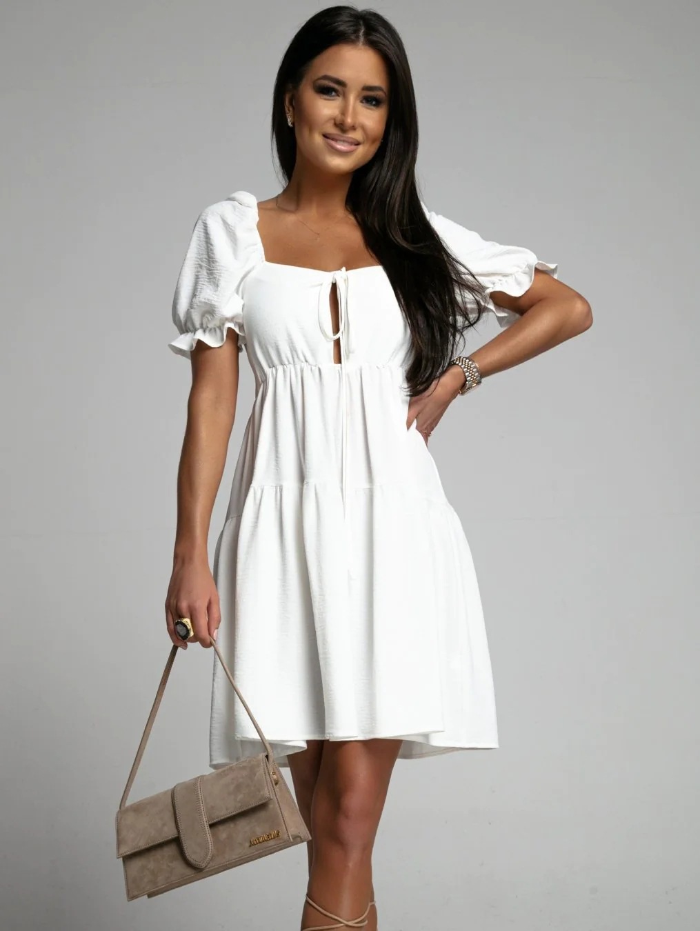 Fashion Pleated Loose Solid Color Back Short Sleeve Dress White - Shop at LoveMi