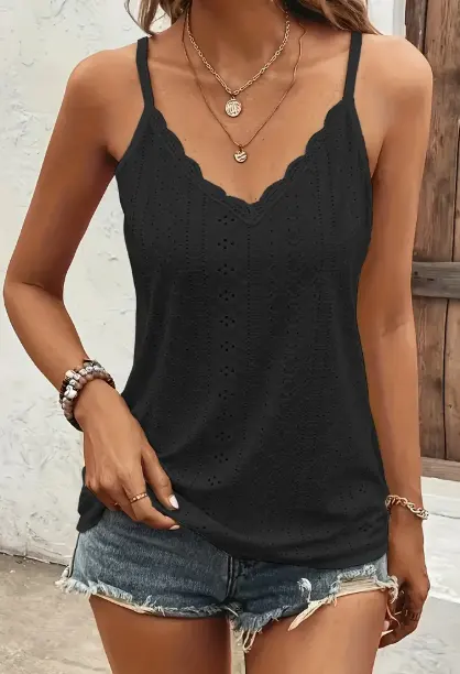 Solid Color V Neck Eyelet Cami Top