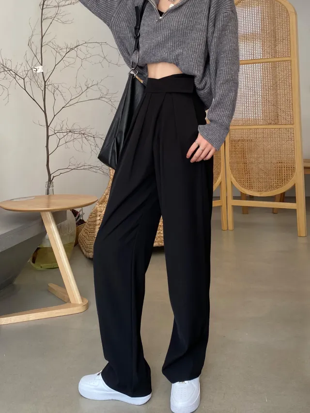Gray brown Wide leg Pants Women's Spring And Autumn High waist Drape Straight leg Pants Black - Shop at LoveMi