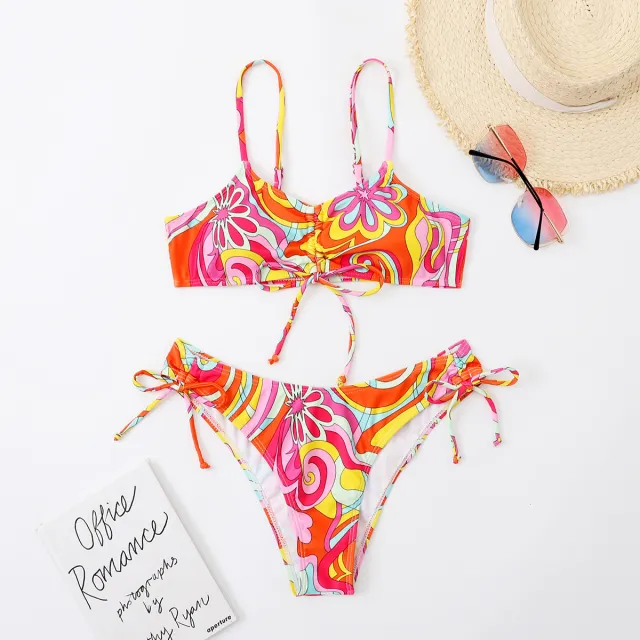 Ladies Printed Lace Up Split Swimsuit Bikini Red - Shop at LoveMi