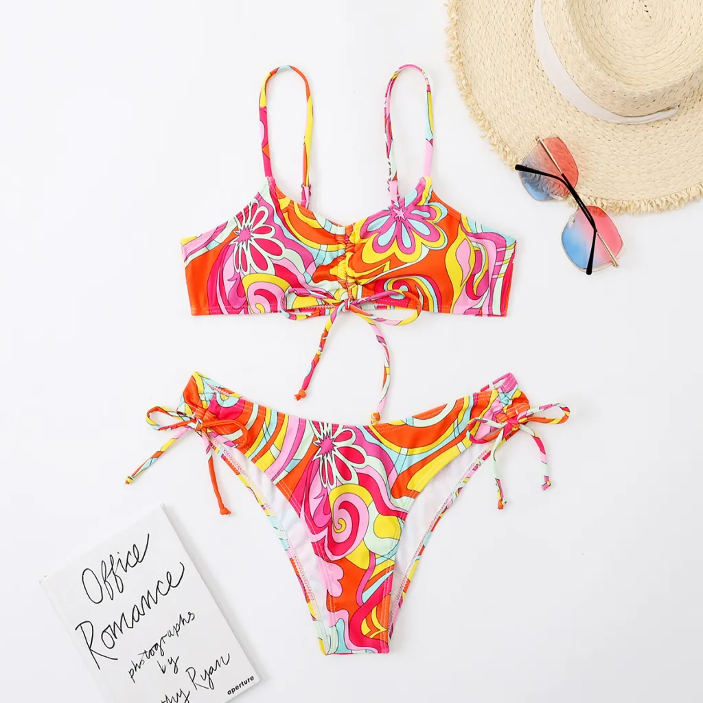 Ladies Printed Lace-Up Split Swimsuit Bikini - Red