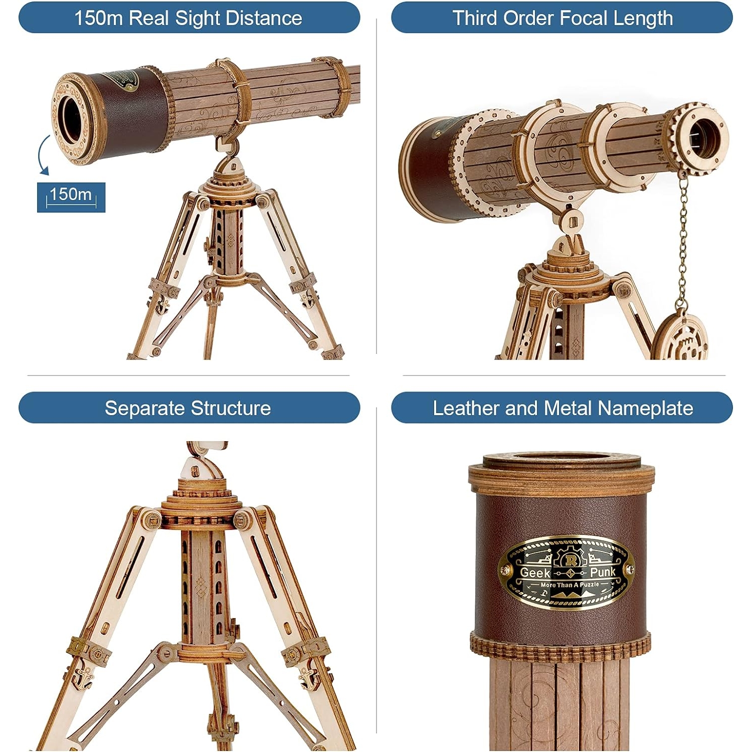 ROKR 3D Puzzles For Adults Wooden Telescope Building Model Kit With Tripod For Adults -3X Magnification Science Kit Gifts