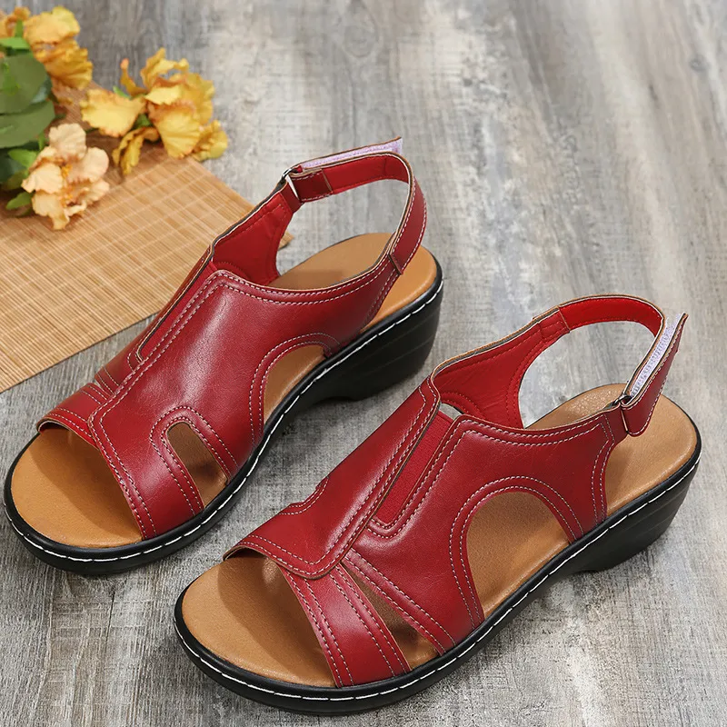 Velcro Ankle Srap Sandals Summer Chunky Heel Roman Shoes Women - Red