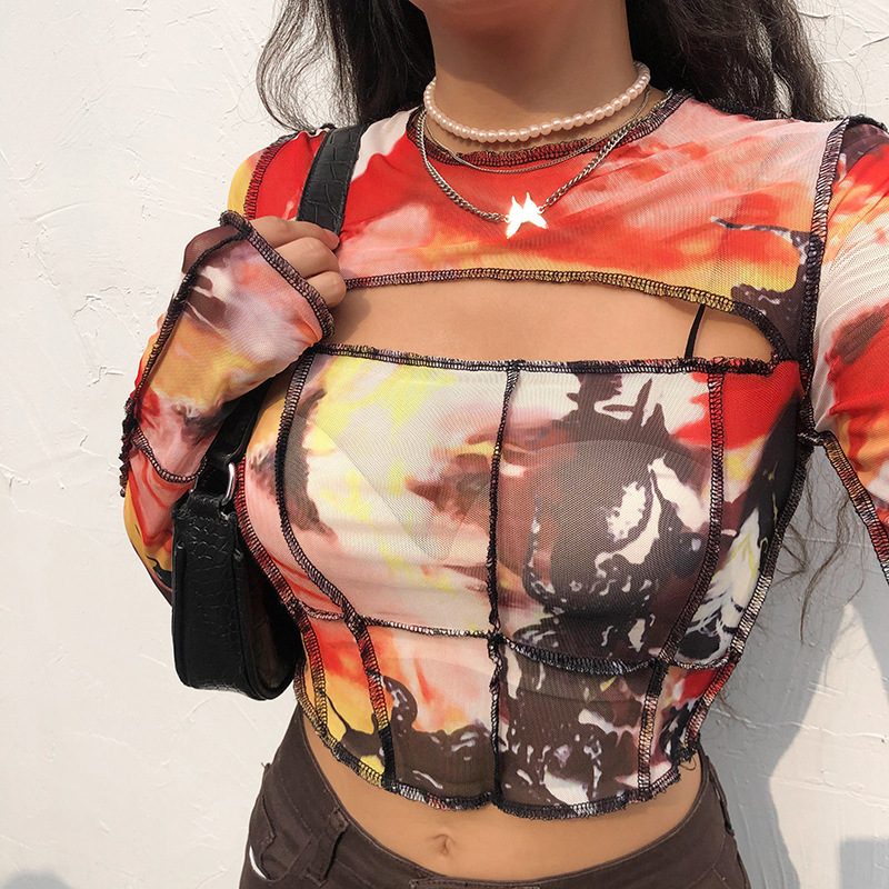 Mesh Short Crop Long Sleeve T-shirt Printed Hollowed Out Top