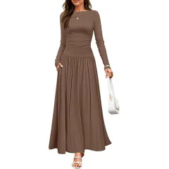 Women's Elegant Ruffle Detail Dress, Solid Color Round Neck Long Sleeve Knit Dress With Pockets - Coffee - View 1