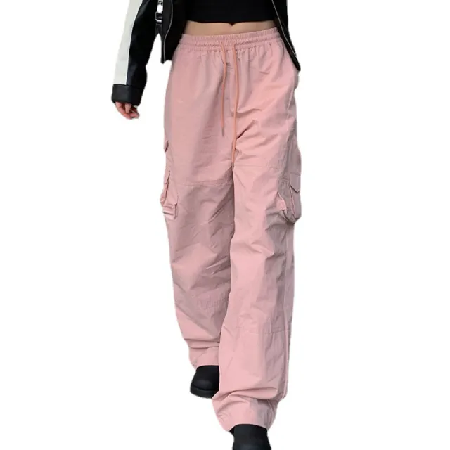 American Street Three dimensional Pocket Elastic Waist Tie Cargo Pants Pink - Shop at LoveMi