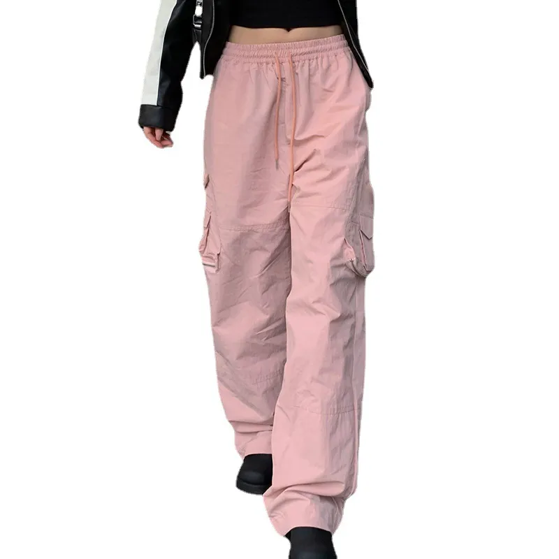 American Street Three-dimensional Pocket Elastic Waist Tie Cargo Pants - Pink