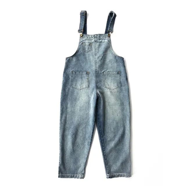 Women's Vintage Loose Cropped Denim Strap Pants Blue - Shop at LoveMi
