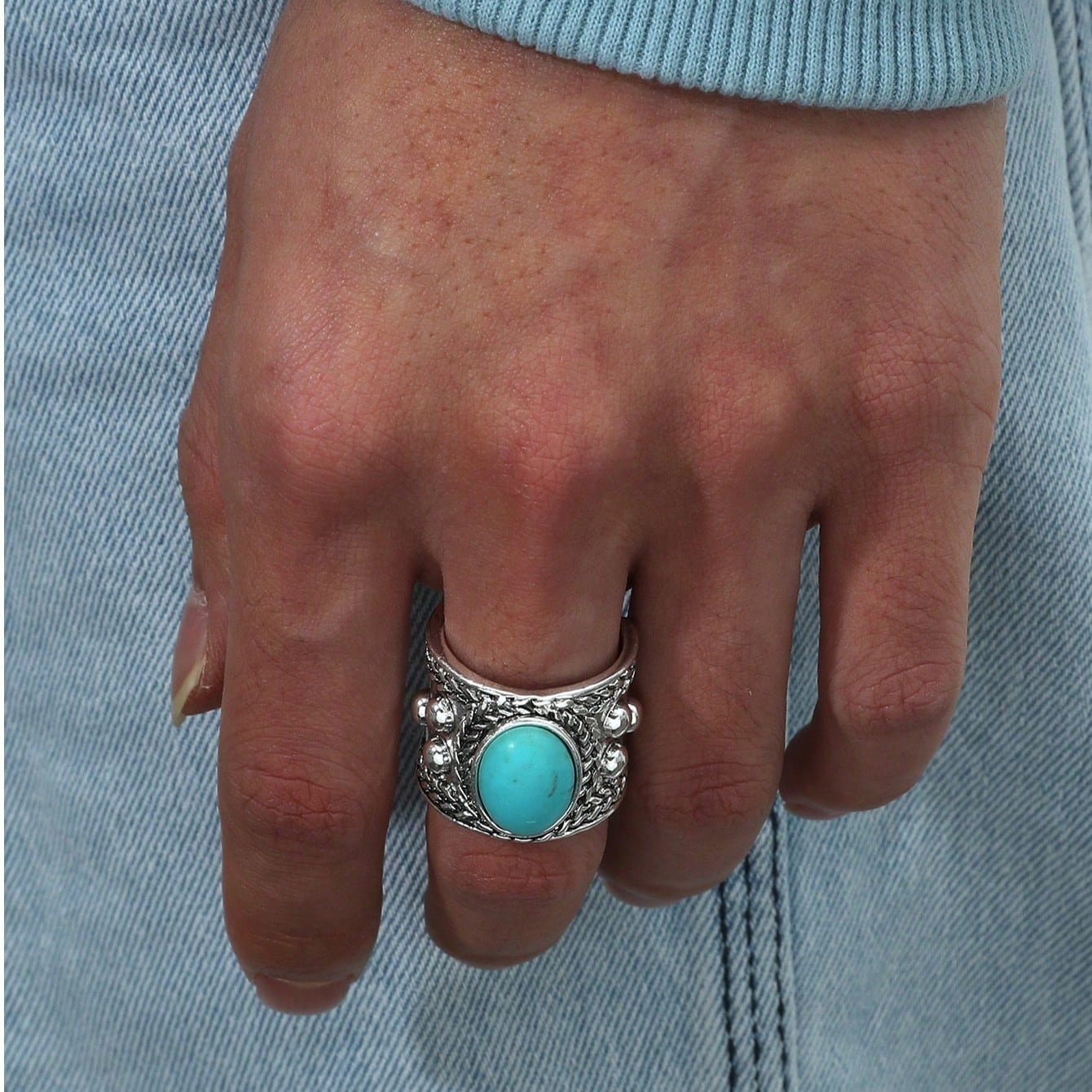 Women's Fashion Personality Ring, Creative Minimalist Turquoise Wide-Face Ring, Suitable For Daily Wear, Gifting & Vacation - Jewelry & Watches
