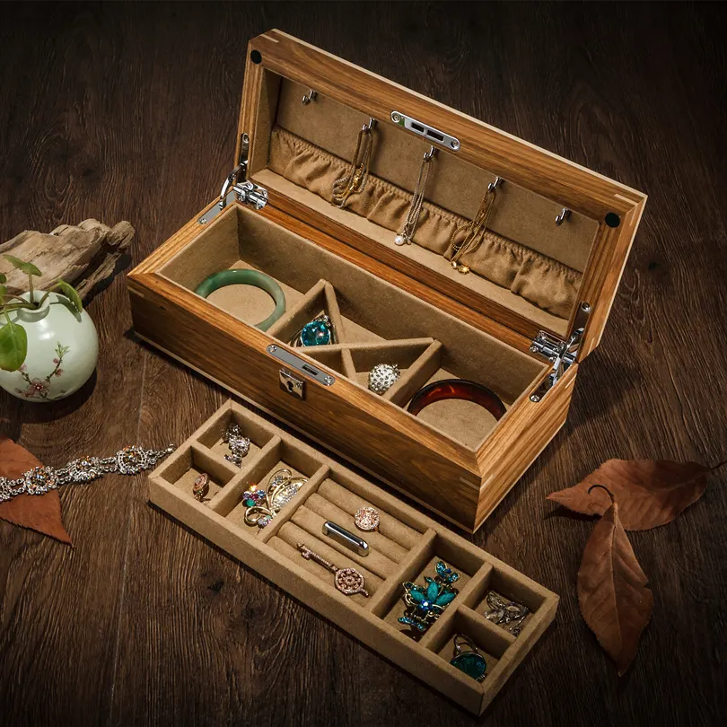 Rosewood Jewelry Storage Box Double Layer with Lock