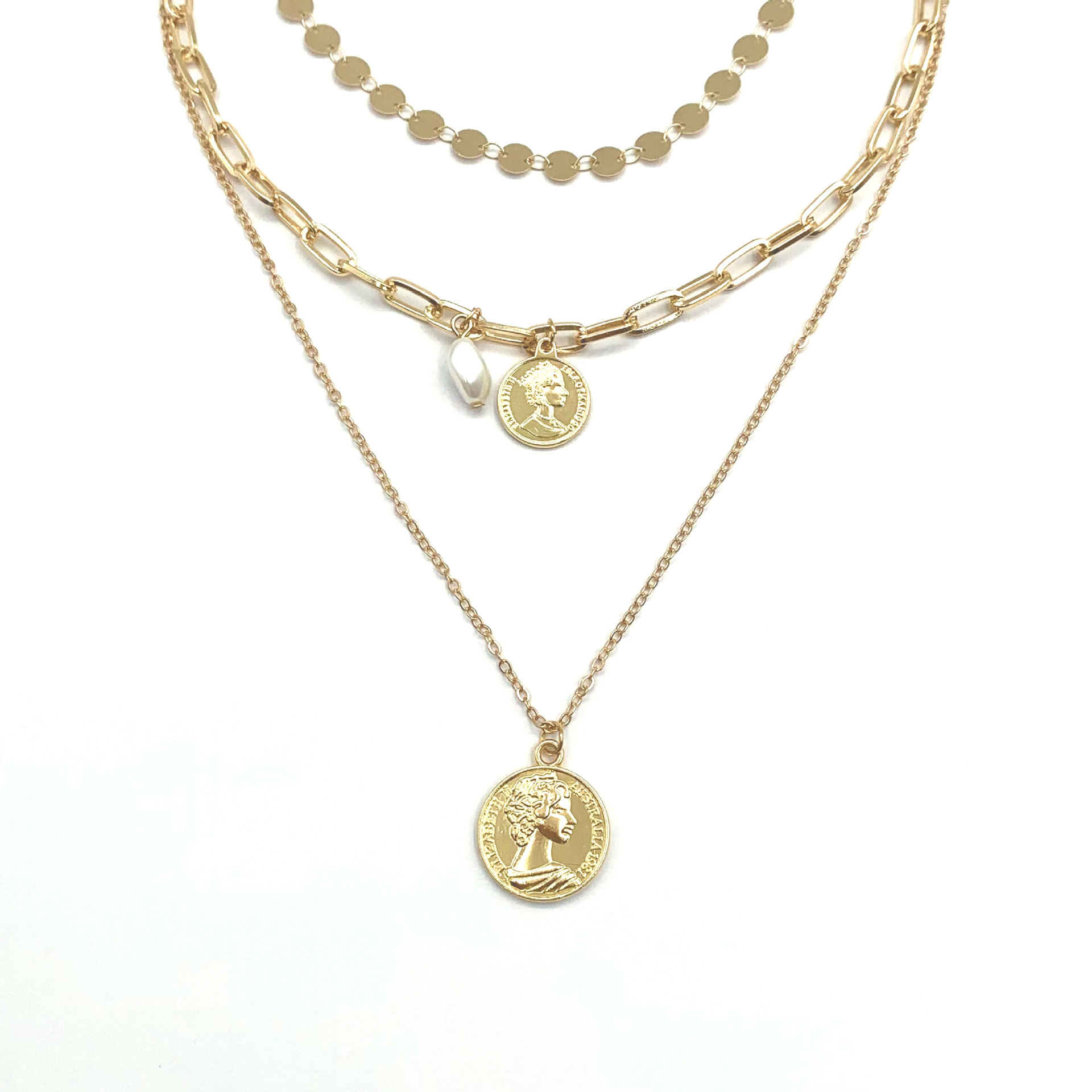 Multi-layer Necklace Female Retro Person Head Portrait Pearl Pendant Clavicle Chain Fashion Light Luxury Niche Design Sense
