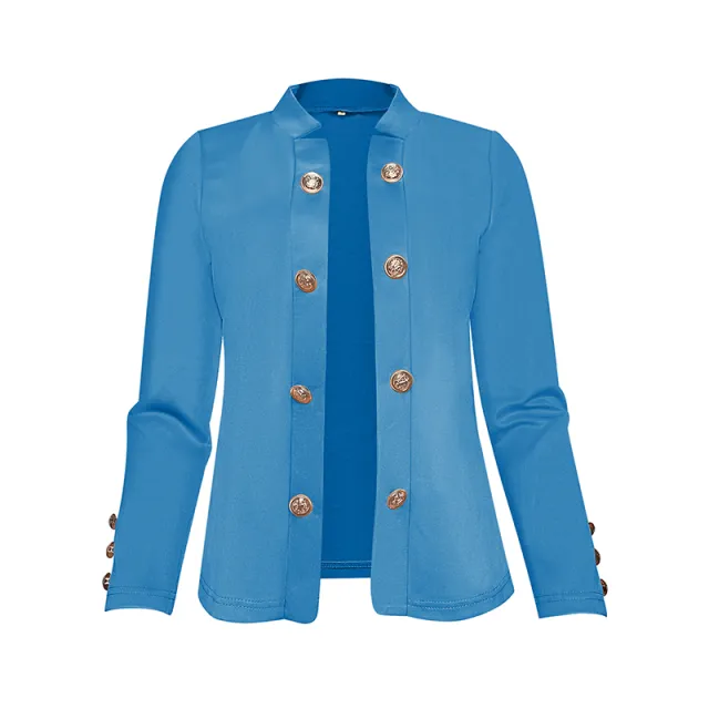 Plus Size Women's Solid Color Double Breasted Long Sleeve Top Button Cuff Casual & Office Wear Blue - Shop at LoveMi