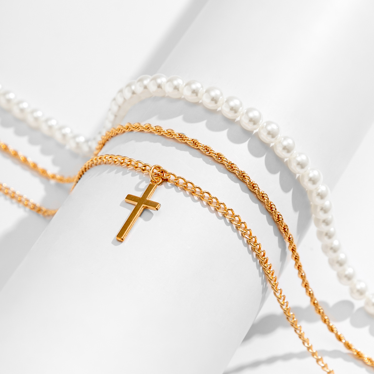 Pearl Cross Necklace Men's Three-layer Twin Men
