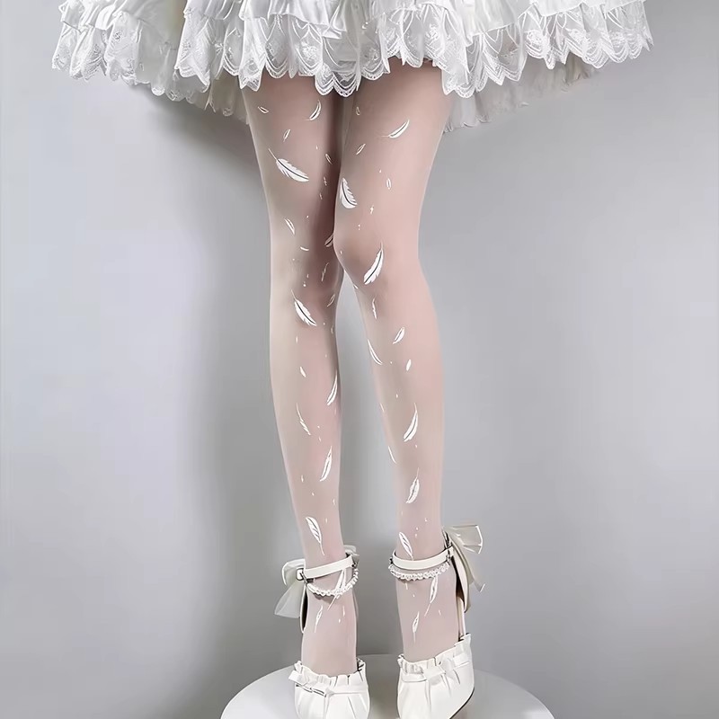 Slimming Feather Print Pantyhose in Black & White - One Size