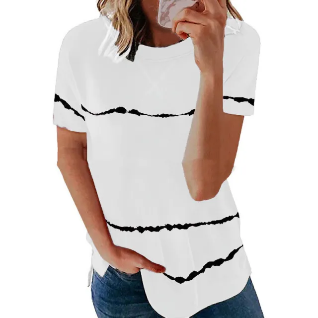 European And American New Neckline Cross Stripe Print T shirt White - Shop at LoveMi