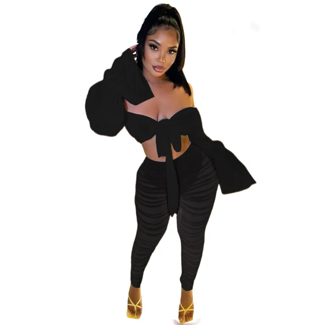 Flared Sleeve One line Neck T shirt Mesh Pleated Pants Suit Black - Shop at LoveMi