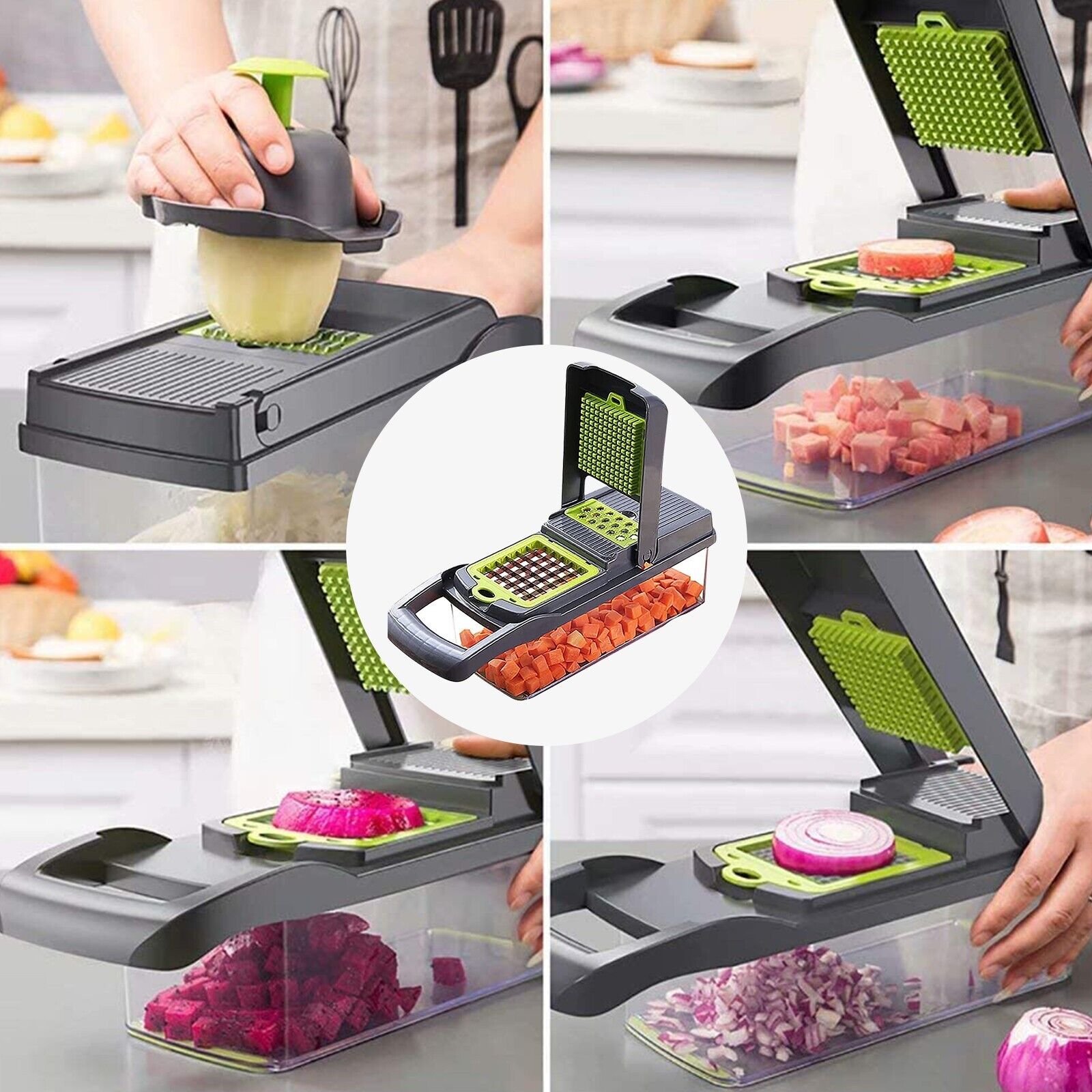 Vegetable chopper in action slicing cucumbers and other fresh produce