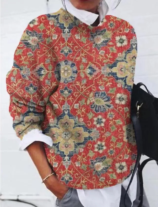 Women's Fashion Floral Print Loose Long sleeved Top Red - Shop at LoveMi