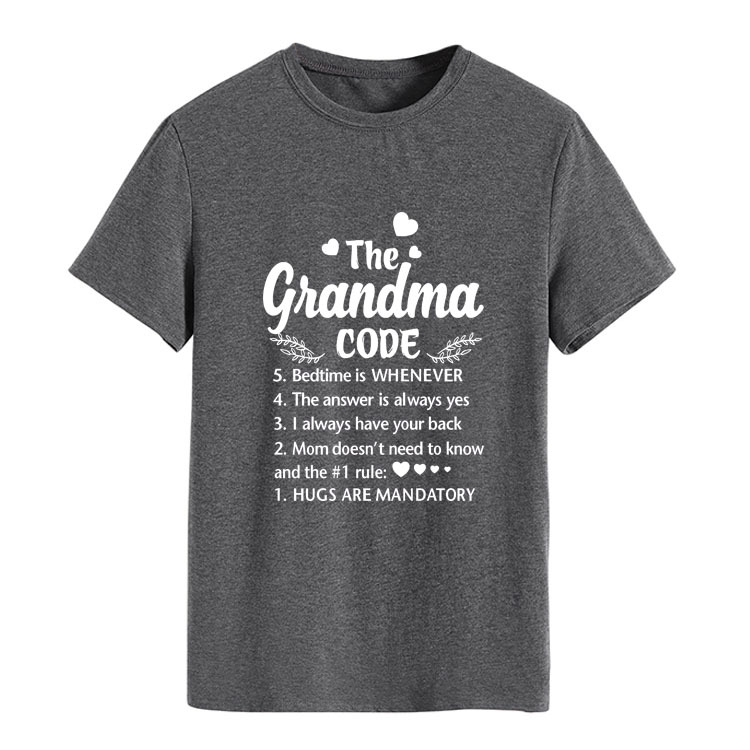 The Grandma Code Round Neck Letter Print Short Sleeves Dark Grey White Font - Shop at LoveMi