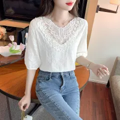 Western Style Top Short Sleeve Lace Bottoming Shirt - White - View 1