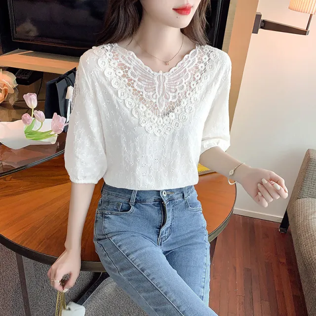 Western Style Top Short Sleeve Lace Bottoming Shirt White - Shop at LoveMi