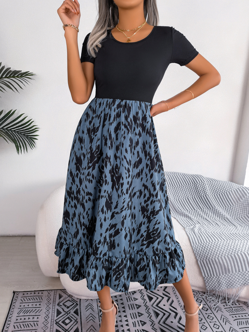 Women Casual Leopard Print Ruffle Midi Dress
