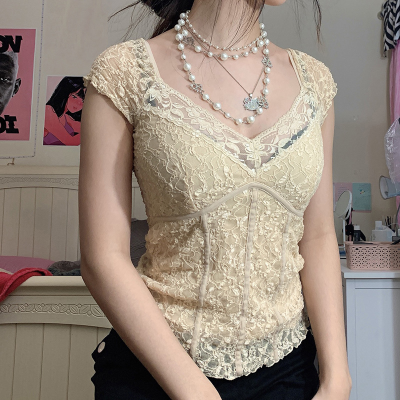 Solid Color Slim Lace Double V-neck Vest
