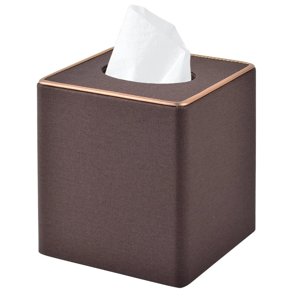 Linen Square Tissue Box Cover, Coffee Cube Tissue Holder With Rosegold Leather Decor And Magnetic Bottom For Home, Office And Car product image