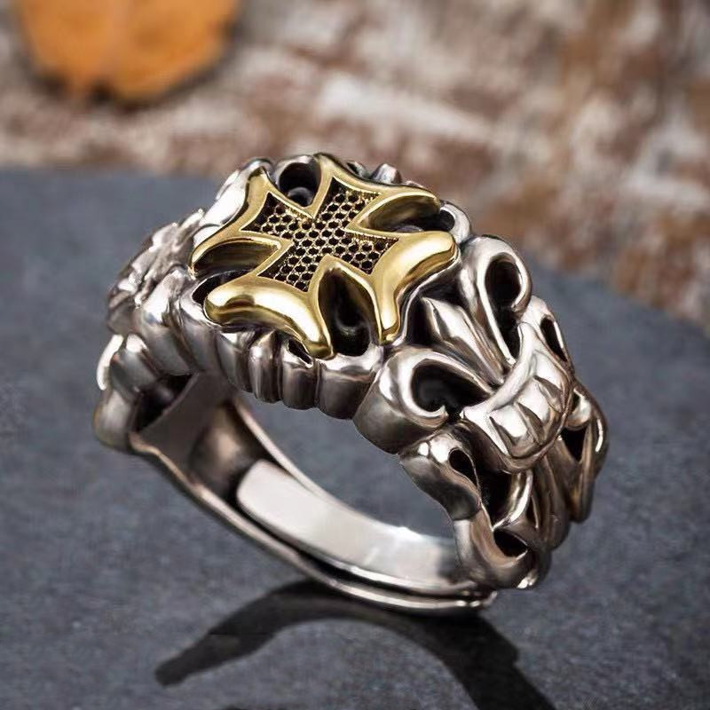 S925 Silver Punk Men's Cross Ring Anchor Flower