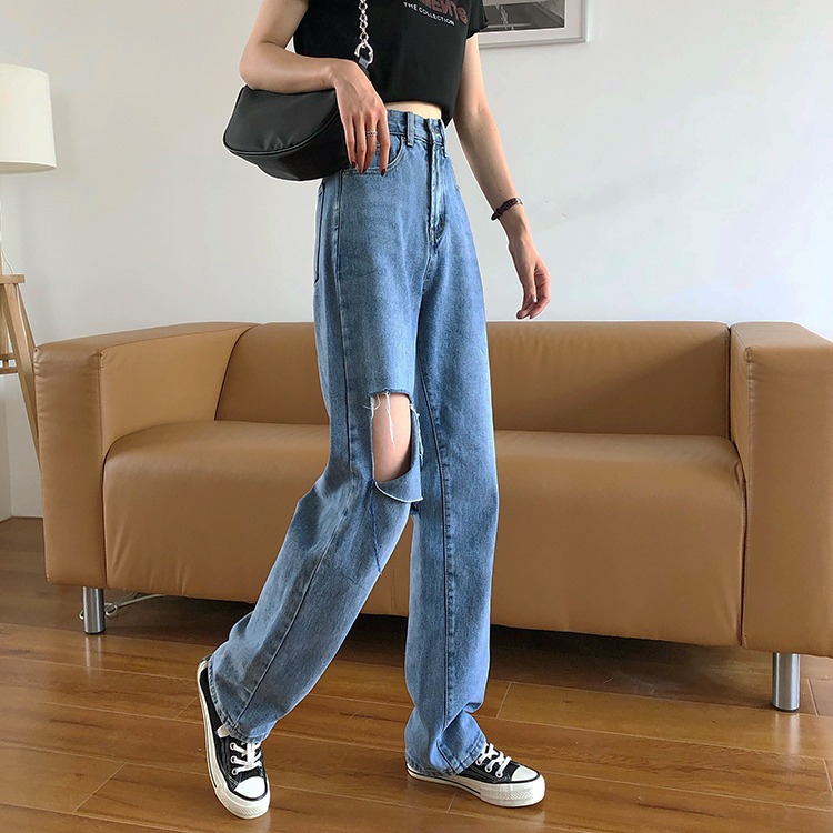 Women's Summer High Waist Loose Ripped Jeans Blue - Shop at LoveMi