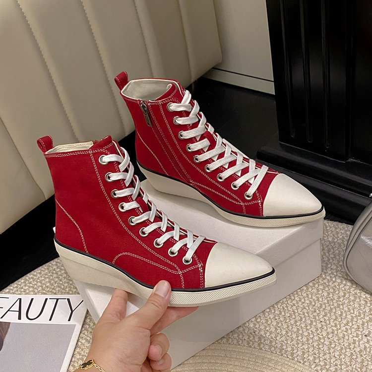 Women's Pointed Toe High Top Canvas Shoes, New 2026 Autumn & Winter Invisible Height Increase Retro Trendy High Top Casual Sneakers