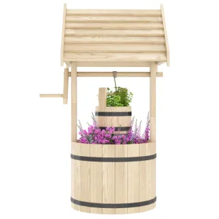 Wood Wishing Well For Outside With Hanging Bucket, Wishing Well Planter With Drain Hole For Garden Patio, Natural