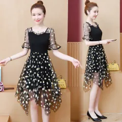 V-neck Belly-covering Floral Stitching Mesh Irregular Dress - Black Mesh Skirt - View 1