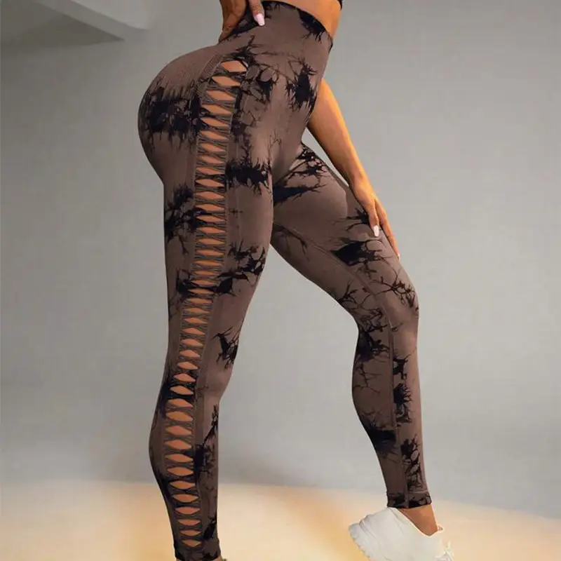 Hollow Tie Dye Printed Yoga Pants High Waist Butt Lift Seamless Sports Gym