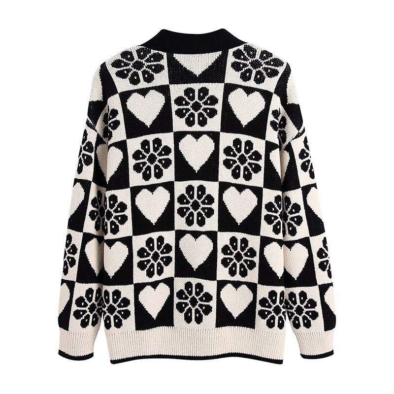 Black And White Contrast Loose V-neck Knitted Cardigan