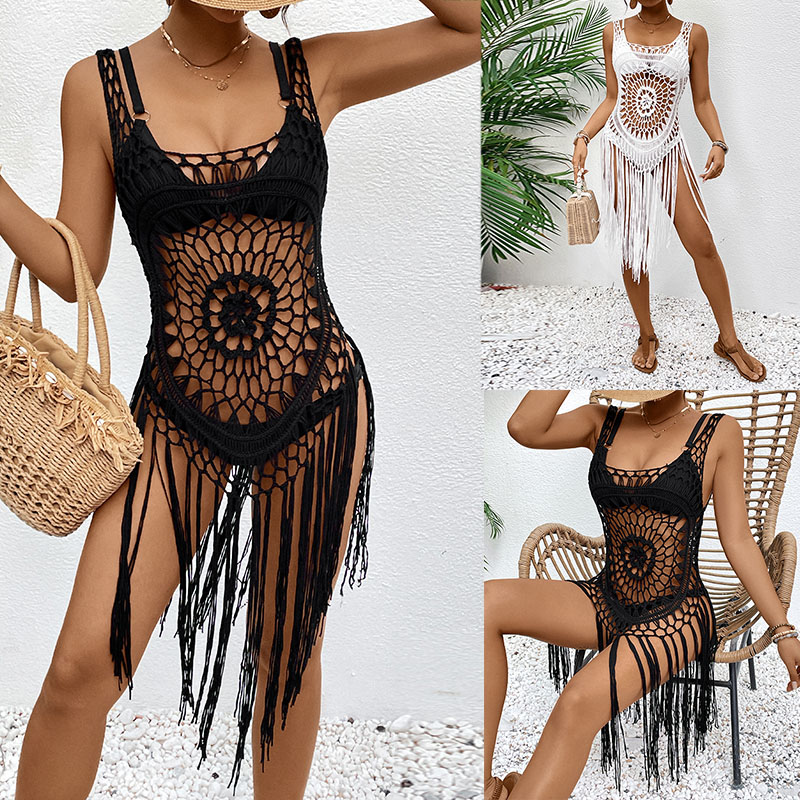 New Hand Crochet Fringe Beach Dress, Hollow Out Halter Bikini Cover Up, Hot Selling Summer Hand Knit Beach Tunic For Amazon Wholesale