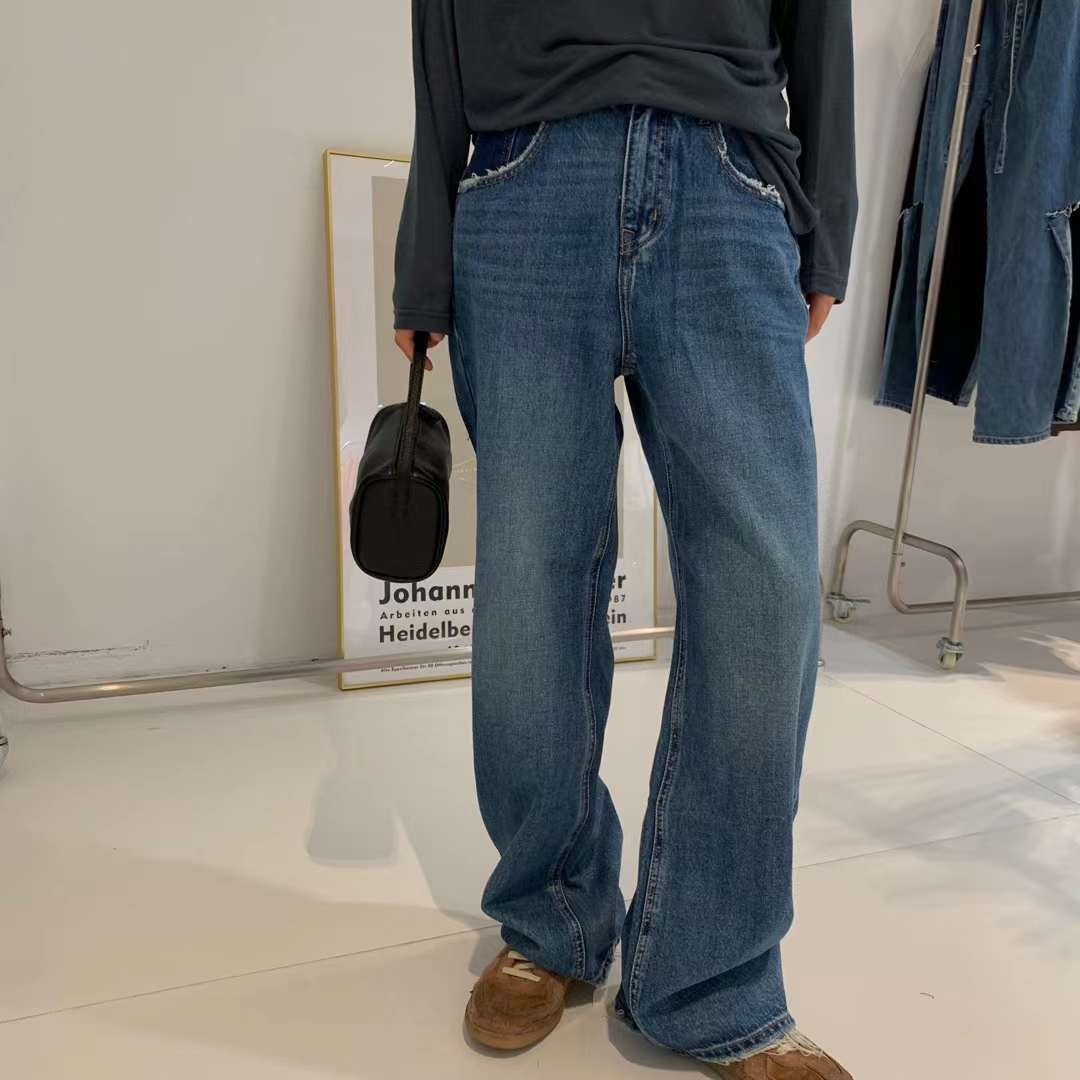 Women's Color blocking Pocket Raw Edge Jeans Blue - Shop at LoveMi