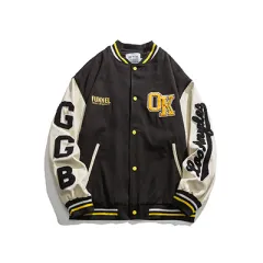Colourblock Baseball Uniform Men's Embroidered Couple Loose Overalls - Black - View 1