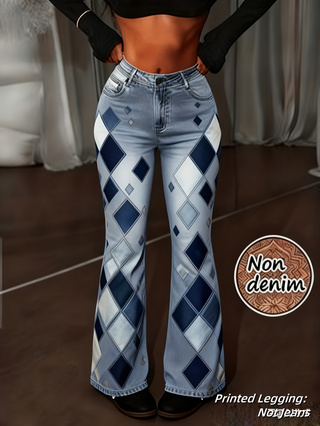 Pantalon évasé femme rétro imprimé, taille haute à bouton unique – Color1, XXL